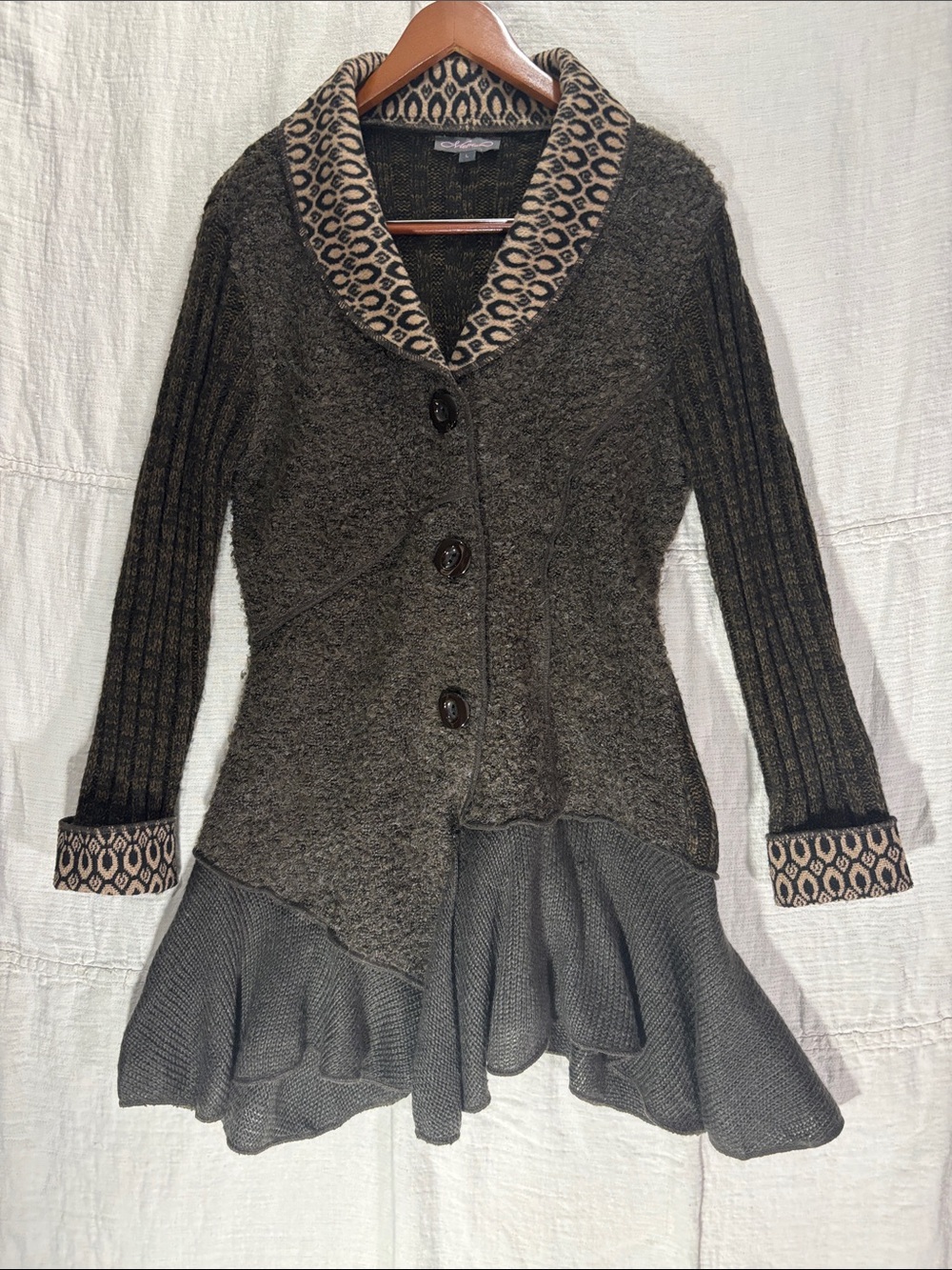 Metric Knits Asymmetric Peplum Sweater Cardigan Wool Blend Large Boho Chic